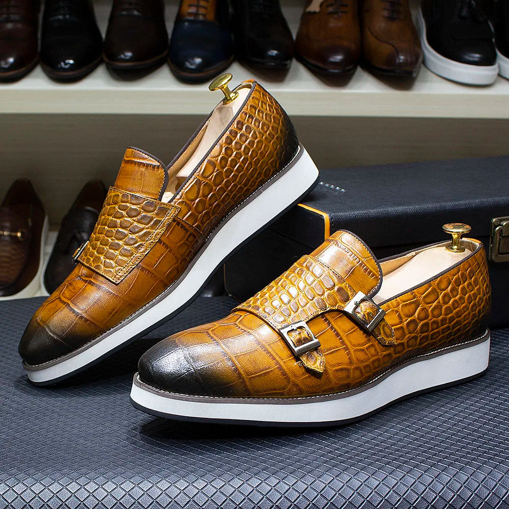 Men's Casual Shoes Double Buckles Monk Strap Genuine Leather Crocodile Print Slip-On Loafer Comfortable Male Outdoor Sneakers