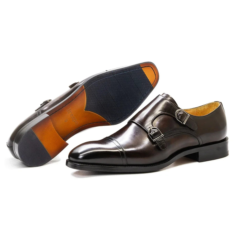 Luxury Genuine Leather Double Buckle Monk Strap Formal Shoes for Men Classic Cap Toe Business Office Wedding Dress Shoes