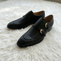 Black Double Monk Strap Dress Shoes for Men, Square Toe Leather Loafers, Formal Business Oxford Shoes with Gold Buckles