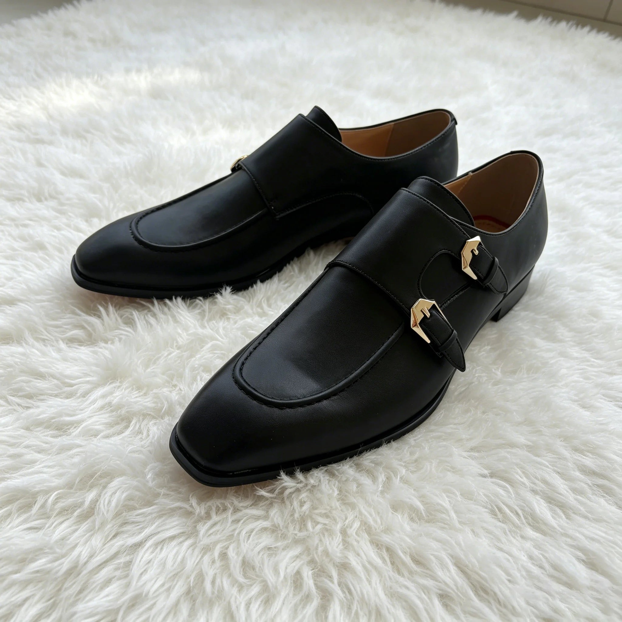 Black Double Monk Strap Dress Shoes for Men, Square Toe Leather Loafers, Formal Business Oxford Shoes with Gold Buckles