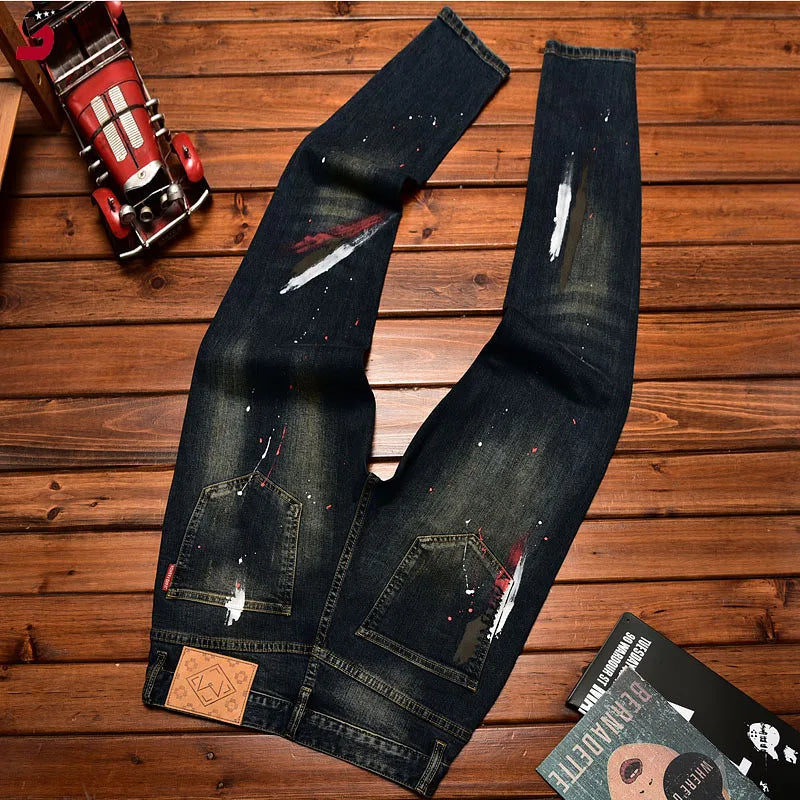 High Street Fashion Men Jeans Retro Blue Elastic