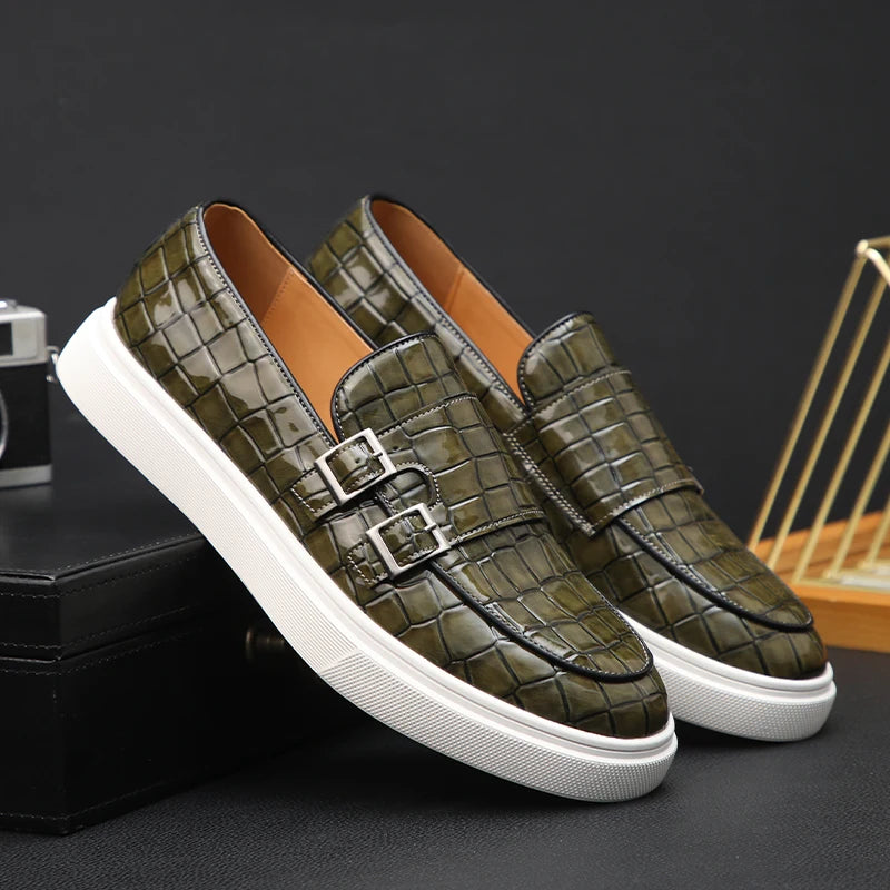 Men Vulcanize Shoes Yellow Crocodile Pattern Slip-On