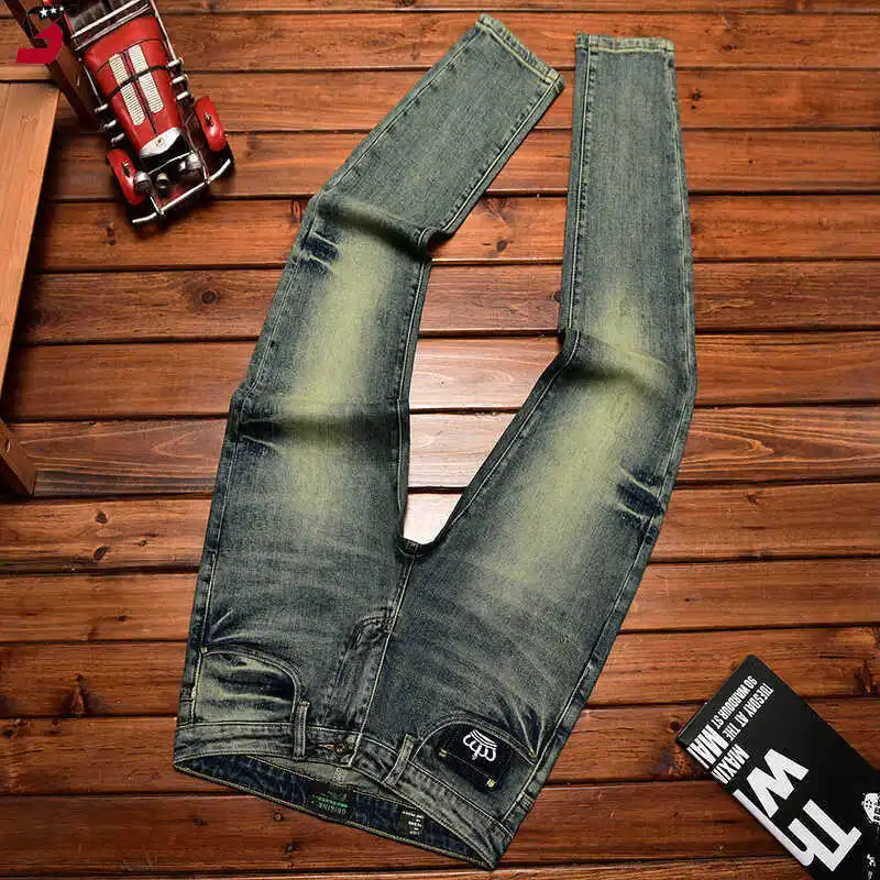 Street Designer Fashion Men Jeans Retro Blue Stretch Slim Fit Painted Ripped Jeans Men Y2K Vintage Casual Denim Pants Hombre