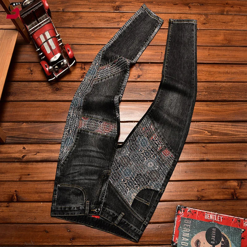 Stitching Embroidered Jeans Men's Contrast Color