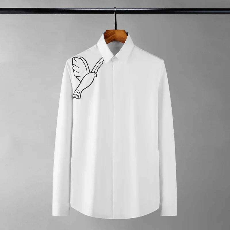 Minglu Pigeon Simple Embroidery Men's Shirts Luxury Cotton Long Sleeve Black White Four Seasons Slim Fit Party Man Shirts 4XL