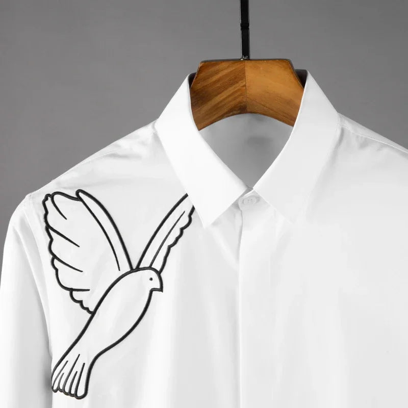 Minglu Pigeon Simple Embroidery Men's Shirts Luxury Cotton Long Sleeve Black White Four Seasons Slim Fit Party Man Shirts 4XL