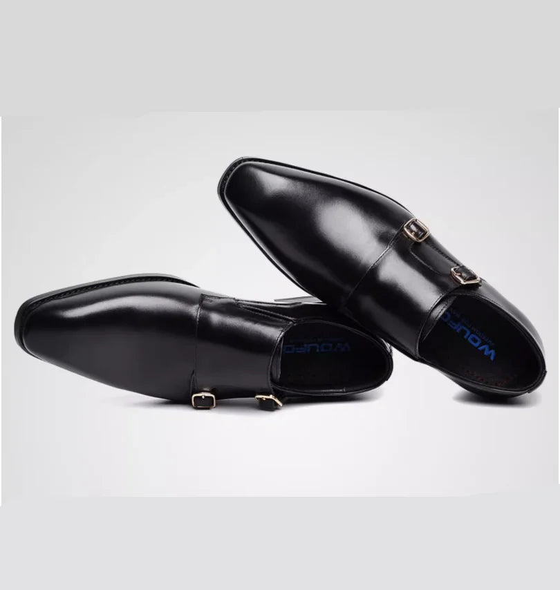 European Fashion Retro Leather Edvard Munch Shoes for Men Double Buckle Square Head Business Dress Wedding Shoes