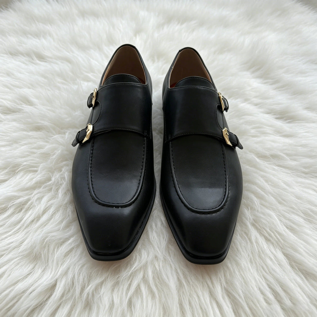 Black Double Monk Strap Dress Shoes for Men, Square Toe Leather Loafers, Formal Business Oxford Shoes with Gold Buckles