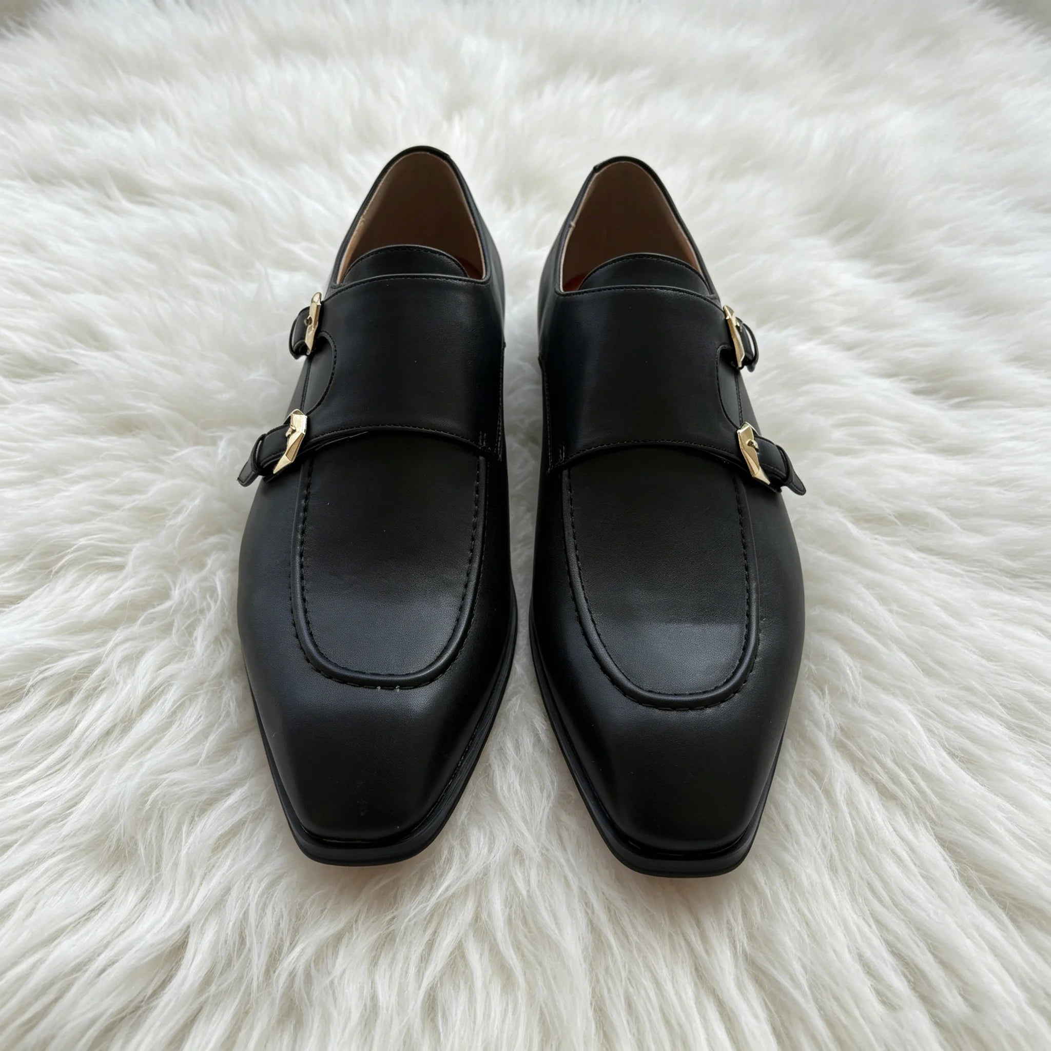 Black Double Monk Strap Dress Shoes for Men, Square Toe Leather Loafers, Formal Business Oxford Shoes with Gold Buckles