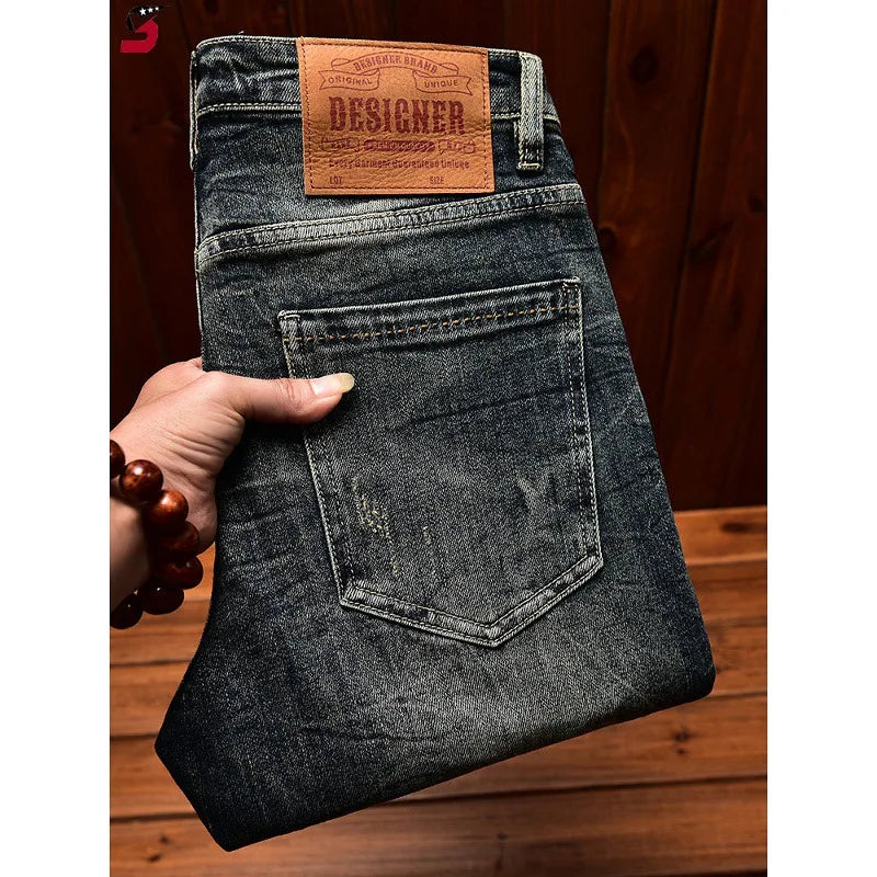 Vintage Patch Patch Fashion Casual Pants Light Jeans Men's High-end Stretch Made Old Washed Tapered Pants