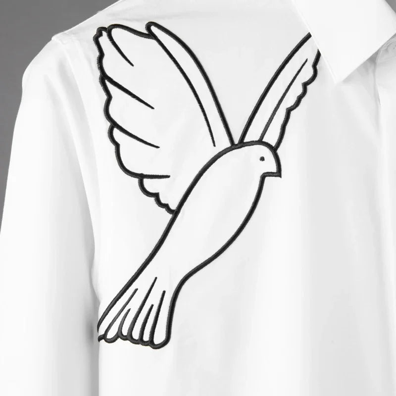 Minglu Pigeon Simple Embroidery Men's Shirts Luxury Cotton Long Sleeve Black White Four Seasons Slim Fit Party Man Shirts 4XL