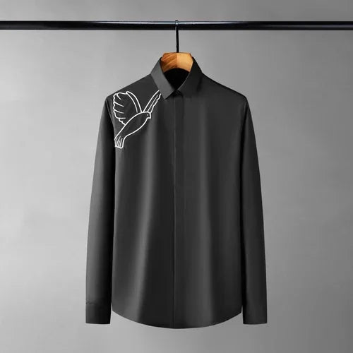 Minglu Pigeon Simple Embroidery Men's Shirts Luxury Cotton Long Sleeve Black White Four Seasons Slim Fit Party Man Shirts 4XL