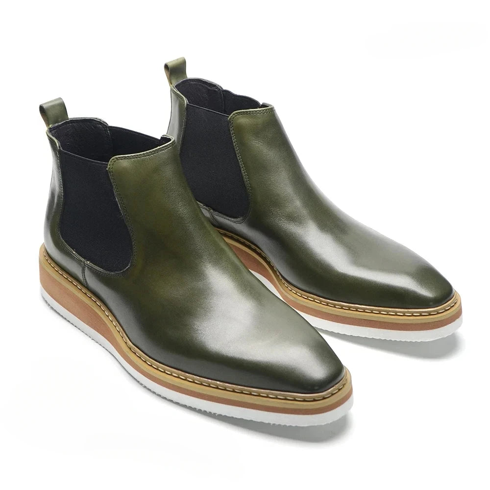 British Style Cow Genuine Leather Men's Chelsea Ankle Boots Slip-on Elastic Band High Top Sneakers Casual Dress Boot for Men