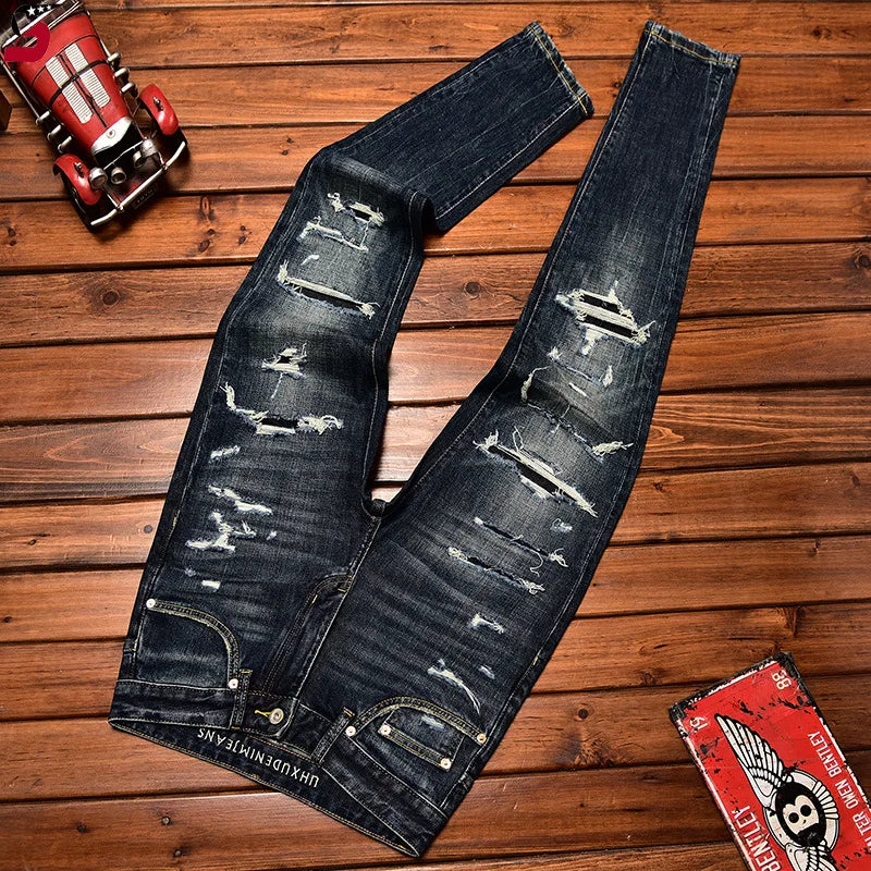Street Fashion Men Jeans Retro Washed Blue Stretch