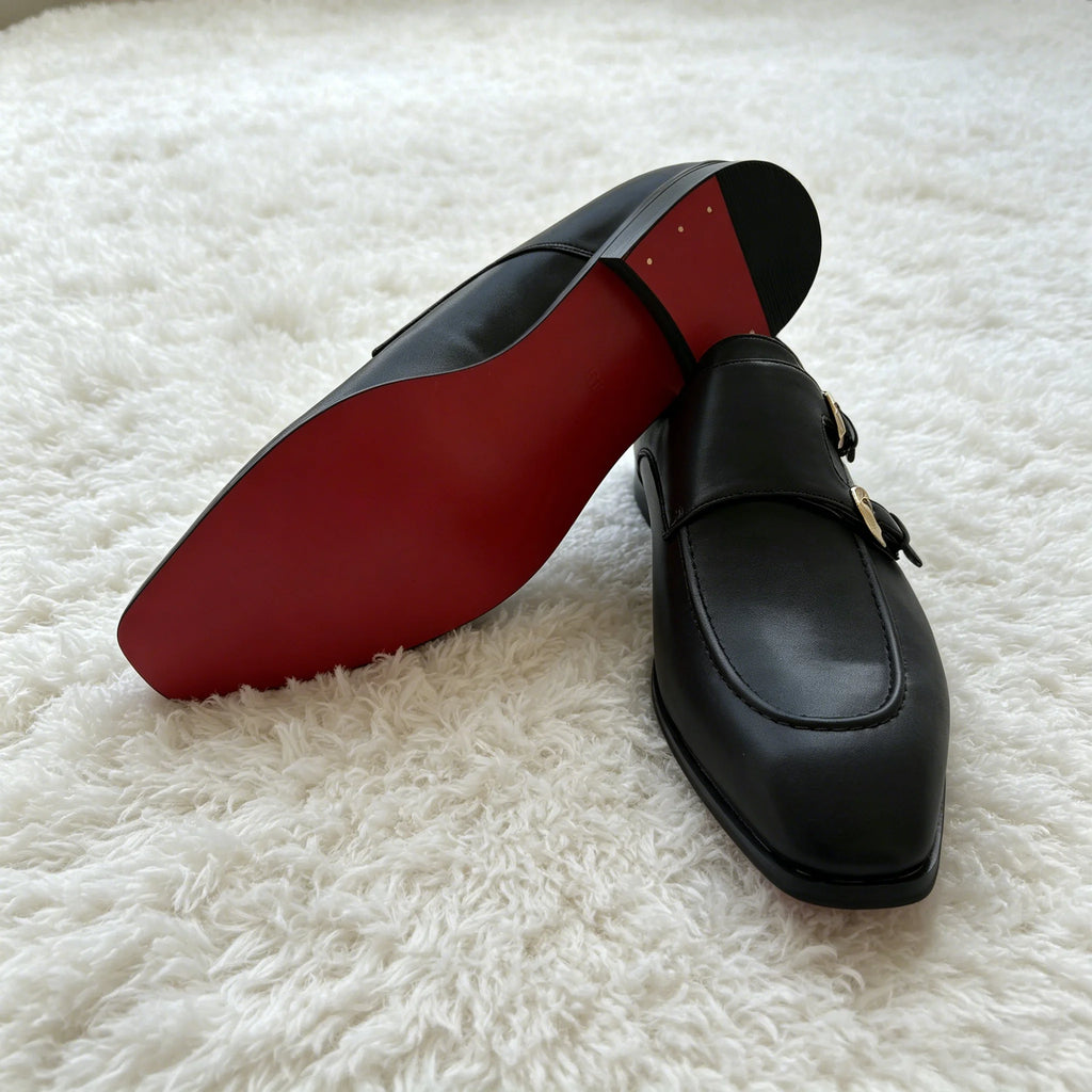 Black Double Monk Strap Dress Shoes for Men, Square Toe Leather Loafers, Formal Business Oxford Shoes with Gold Buckles