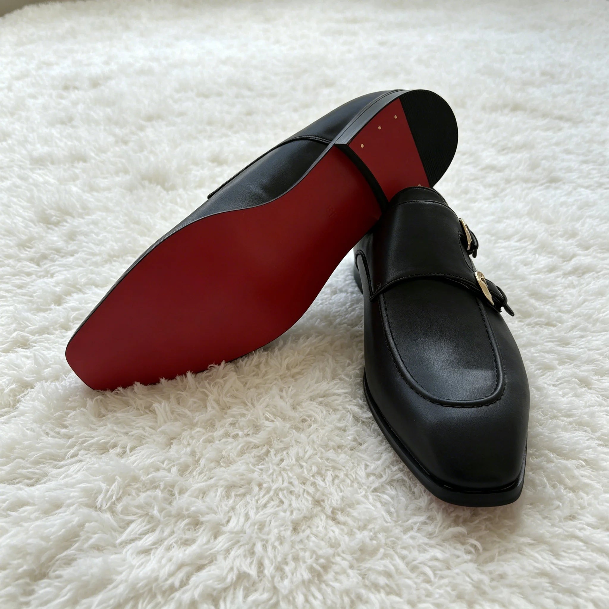 Black Double Monk Strap Dress Shoes for Men, Square Toe Leather Loafers, Formal Business Oxford Shoes with Gold Buckles