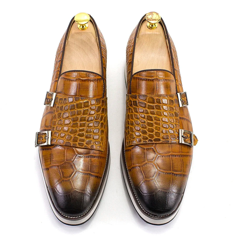 Men's Casual Shoes Double Buckles Monk Strap Genuine Leather Crocodile Print Slip-On Loafer Comfortable Male Outdoor Sneakers