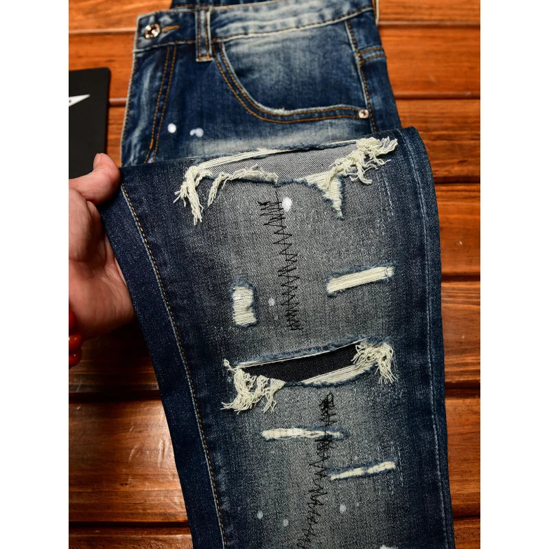 High end nostalgic jeans for men, slim fit with small holes, patches scraped, inkjet street trend, elastic retro denim pants