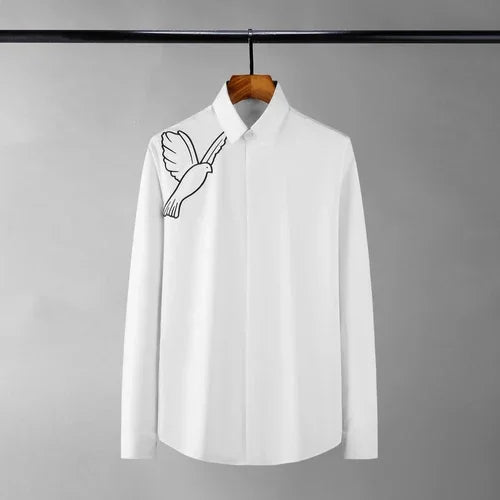 Minglu Pigeon Simple Embroidery Men's Shirts Luxury Cotton Long Sleeve Black White Four Seasons Slim Fit Party Man Shirts 4XL