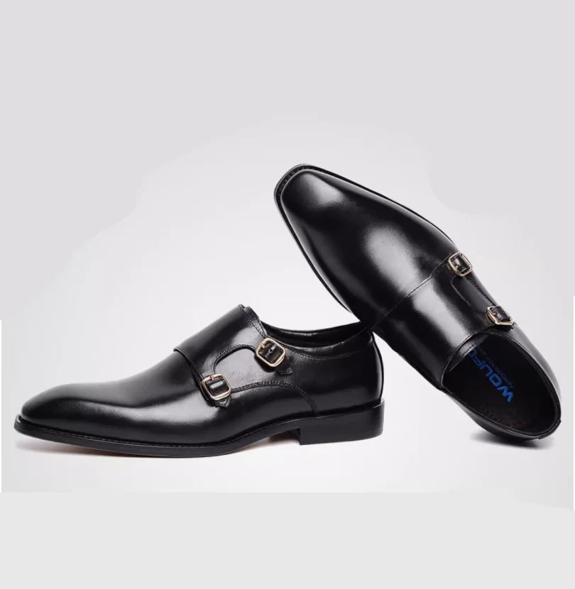 European Fashion Retro Leather Edvard Munch Shoes for Men Double Buckle Square Head Business Dress Wedding Shoes