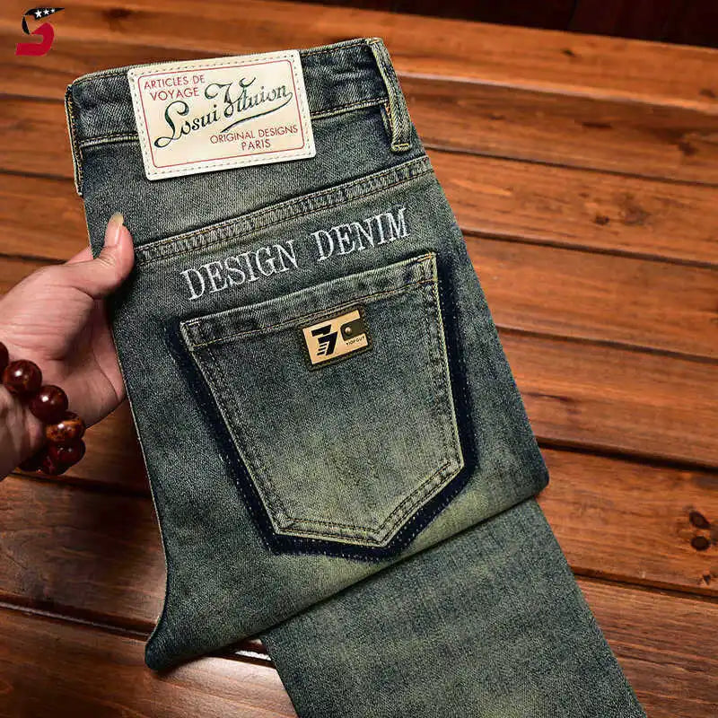 Street Designer Fashion Men Jeans Retro Blue Stretch Slim Fit Painted Ripped Jeans Men Y2K Vintage Casual Denim Pants Hombre