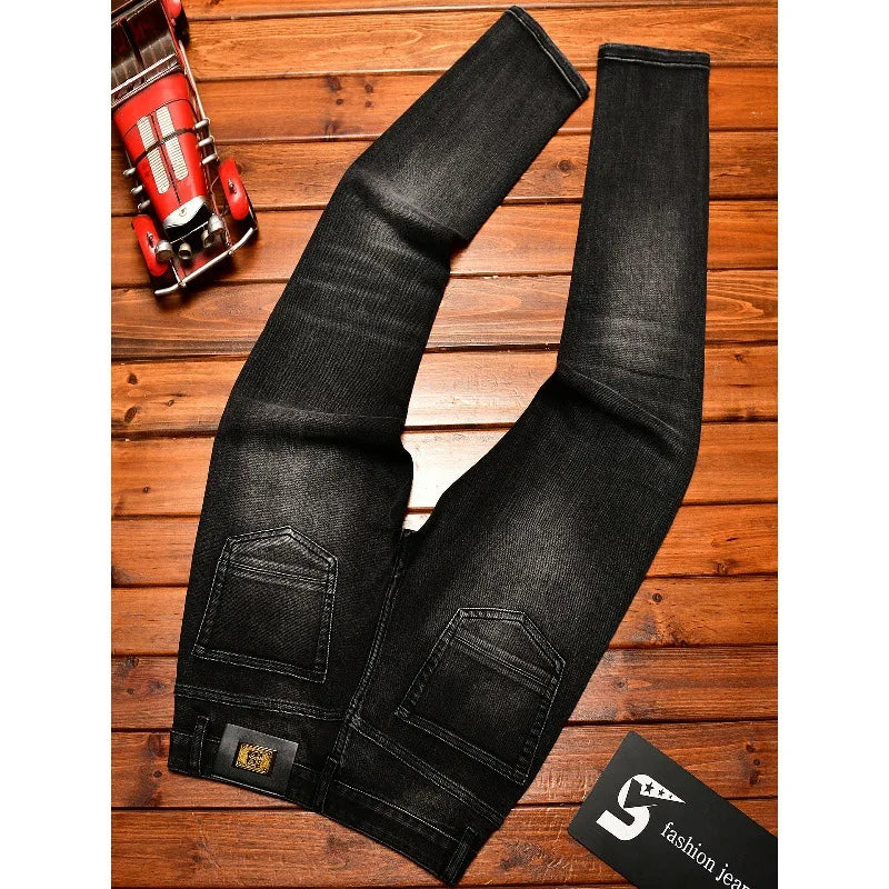 Street Designer Fashion Men Jeans High Quality Retro Black Stretch Slim Fit Hole Ripped Jeans Men Hip Hop Vintage Denim Pants