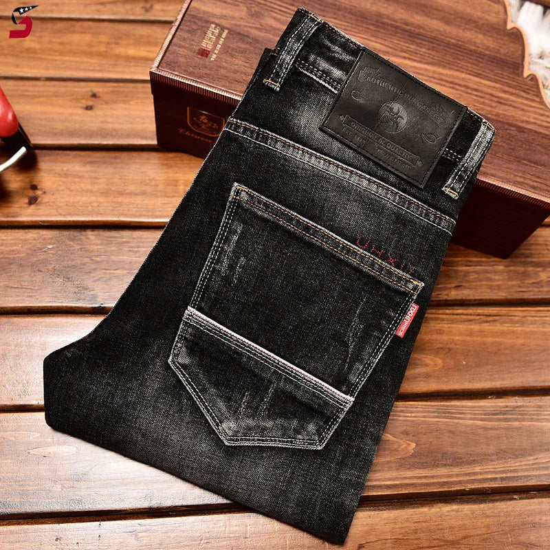 Street Designer Fashion Men Jeans Retro Black Gray Stretch Slim Fit Painted Ripped Jeans Men Y2K Casual Vintage Denim Pants