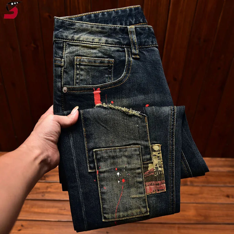 High Street Fashion Men Jeans Retro Blue Elastic