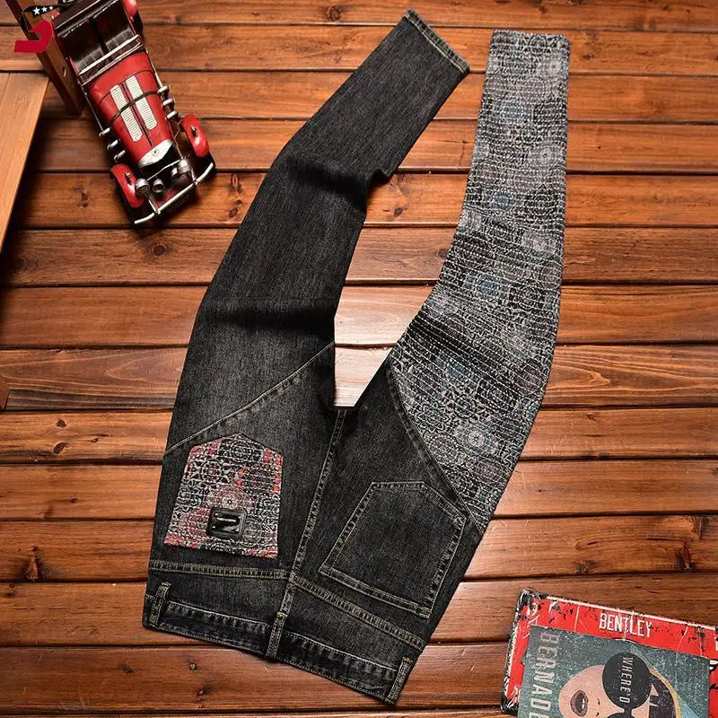 Stitching Embroidered Jeans Men's Contrast Color