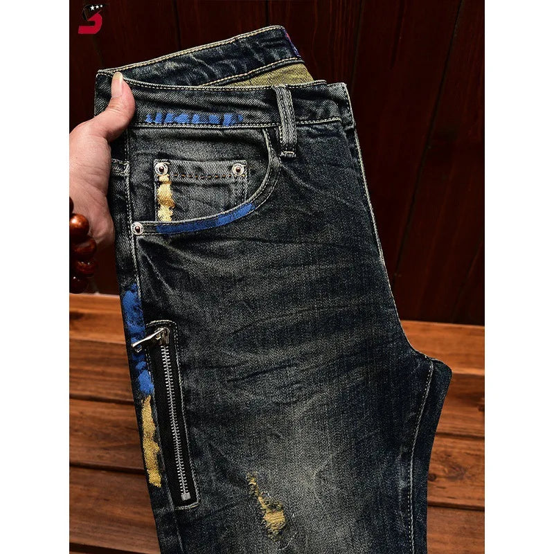 Vintage Patch Patch Fashion Casual Pants Light Jeans Men's High-end Stretch Made Old Washed Tapered Pants