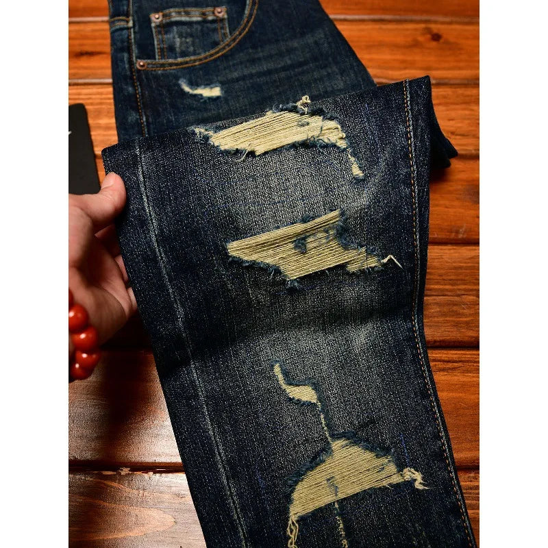 Street Designer Fashion Men Jeans Retro Washed Blue Stretch Slim Fit Ripped Jeans Men Y2K Vintage Casual Denim Pencil Pants