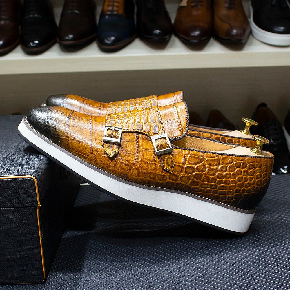 Men's Casual Shoes Double Buckles Monk Strap Genuine Leather Crocodile Print Slip-On Loafer Comfortable Male Outdoor Sneakers