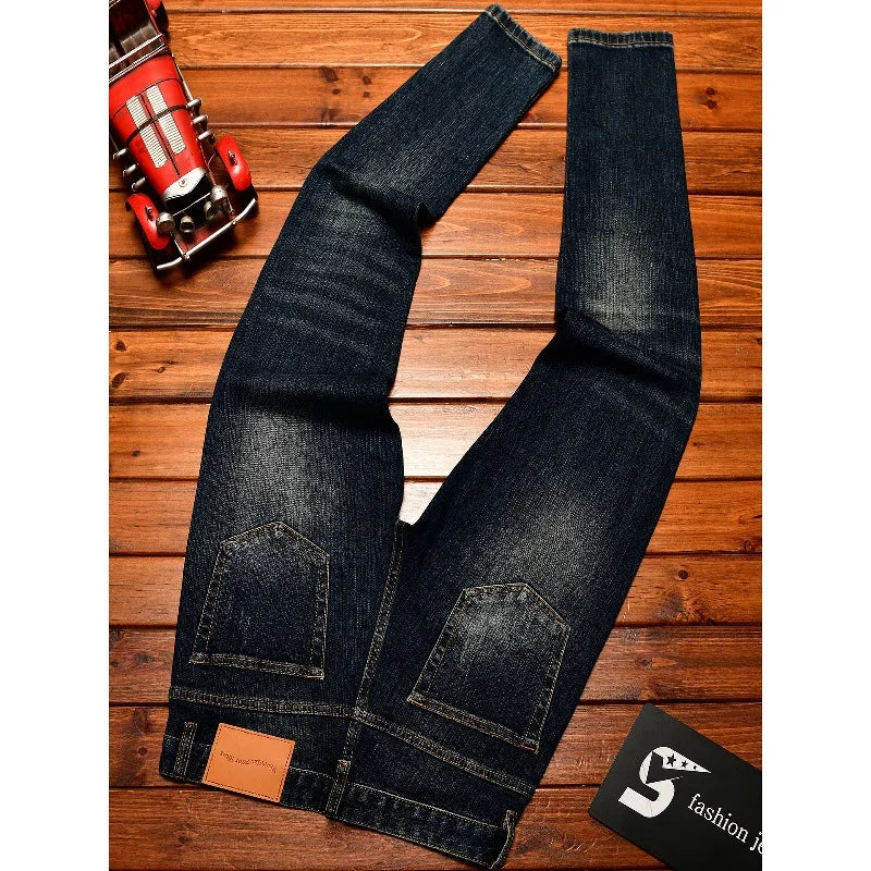 Street Designer Fashion Men Jeans Retro Washed Blue Stretch Slim Fit Ripped Jeans Men Y2K Vintage Casual Denim Pencil Pants