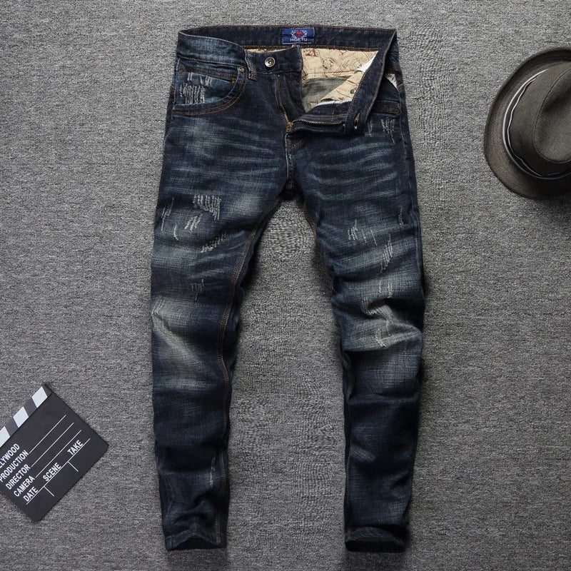 Fashion Designer Men Jeans Retro Green Blue Slim