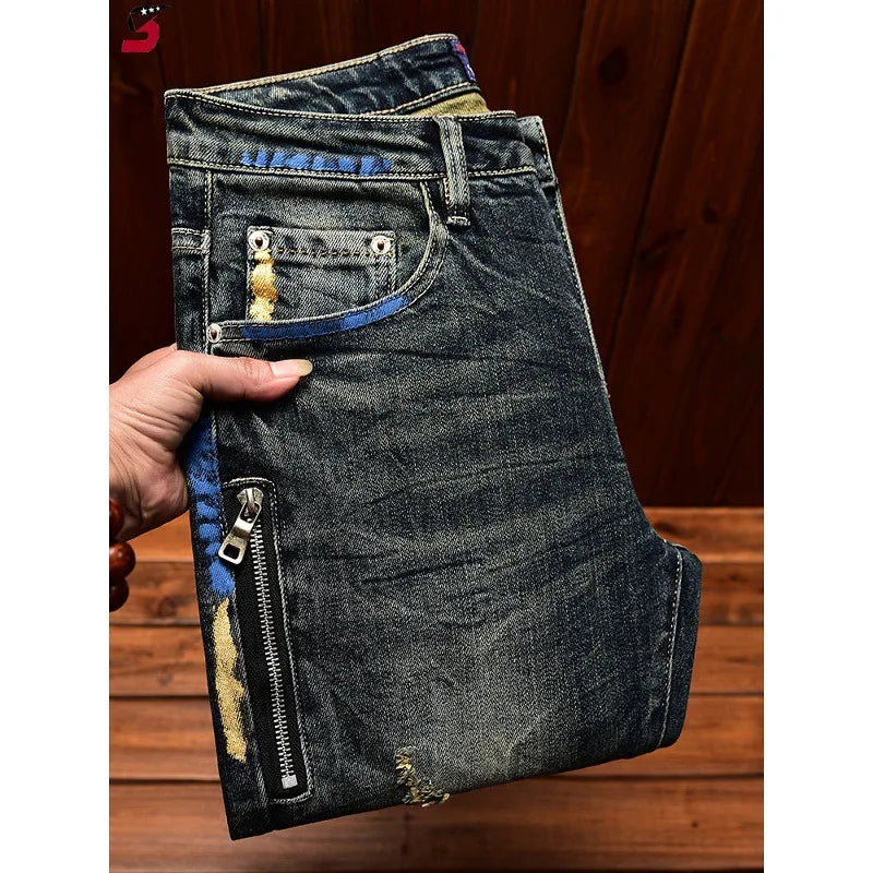 Vintage Patch Patch Fashion Casual Pants Light Jeans Men's High-end Stretch Made Old Washed Tapered Pants