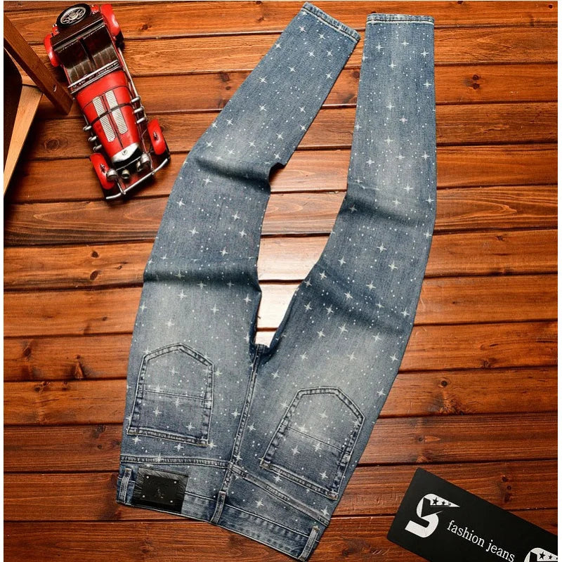 Flash printed light luxury jeans men with and small feet 2025 autumn men's clothing elastic casual pants