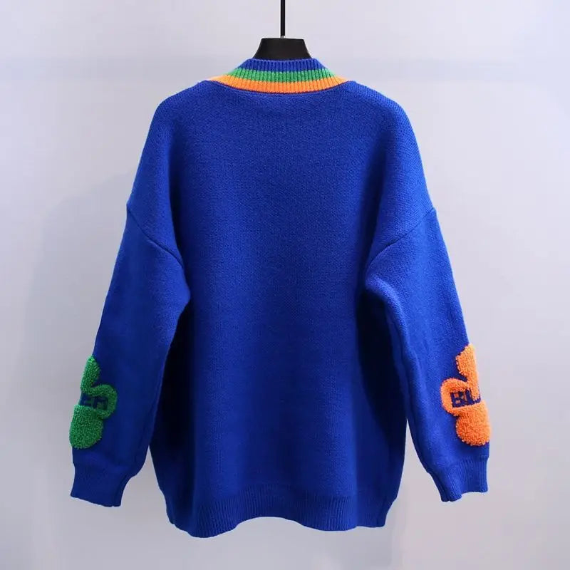 Blue Acrylic Knit V-Neck Letter Flower Casual Women's Cardigan Sweater