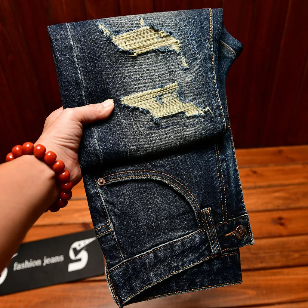 Street Designer Fashion Men Jeans Retro Washed Blue Stretch Slim Fit Ripped Jeans Men Y2K Vintage Casual Denim Pencil Pants