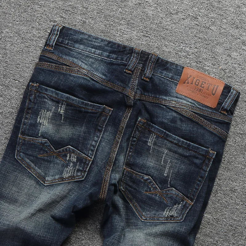 Fashion Designer Men Jeans Retro Green Blue Slim