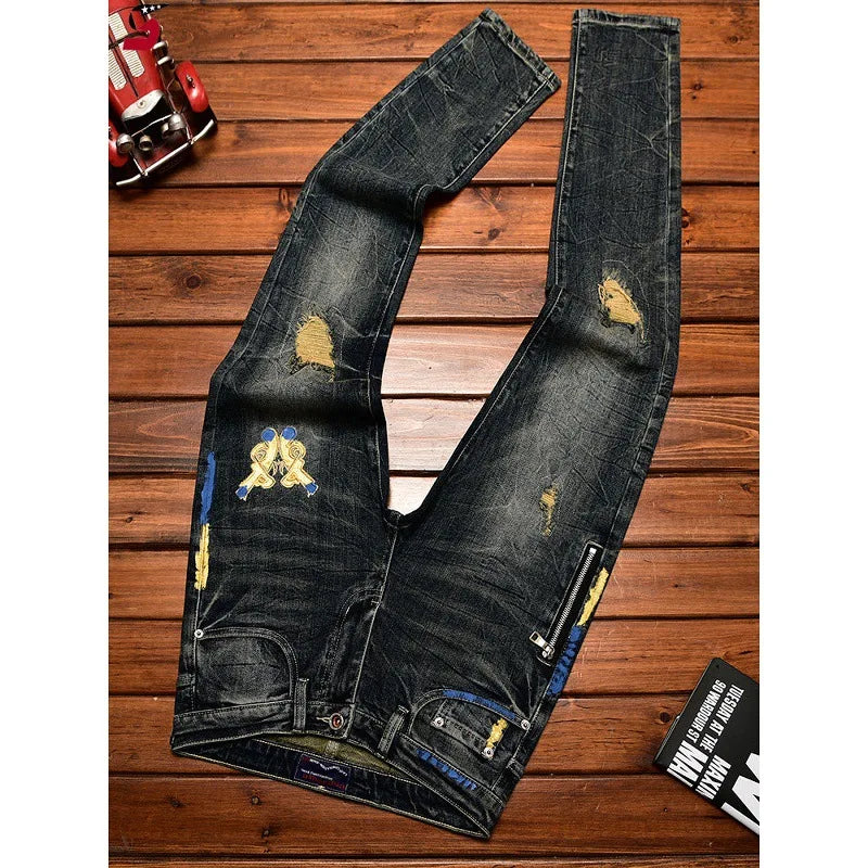 Vintage Patch Patch Fashion Casual Pants Light Jeans Men's High-end Stretch Made Old Washed Tapered Pants