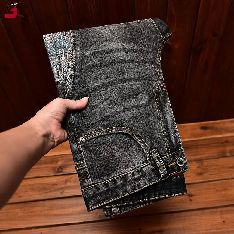 Stitching Embroidered Jeans Men's Contrast Color