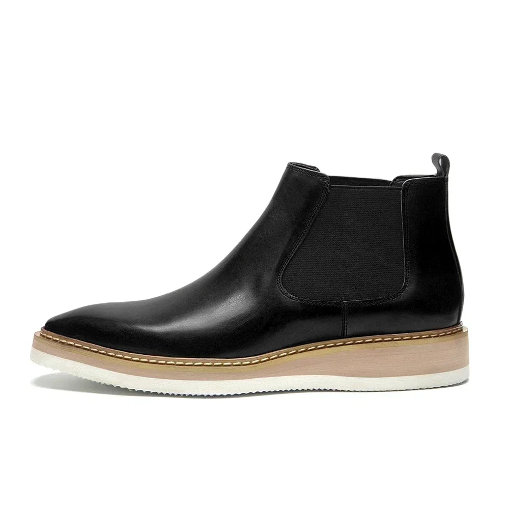 British Style Cow Genuine Leather Men's Chelsea Ankle Boots Slip-on Elastic Band High Top Sneakers Casual Dress Boot for Men