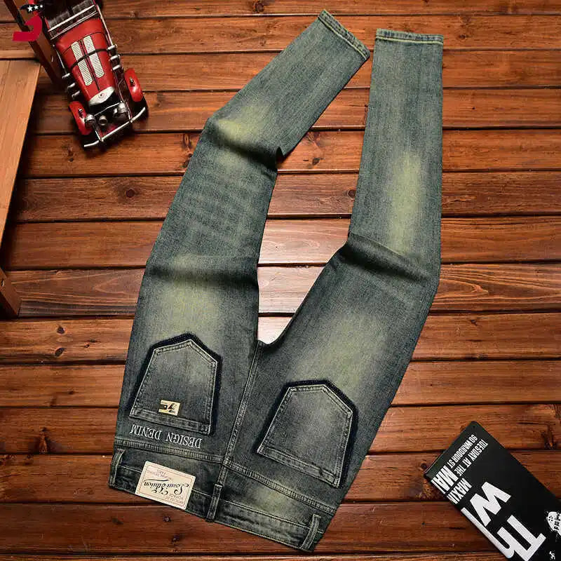 Street Designer Fashion Men Jeans Retro Blue Stretch Slim Fit Painted Ripped Jeans Men Y2K Vintage Casual Denim Pants Hombre