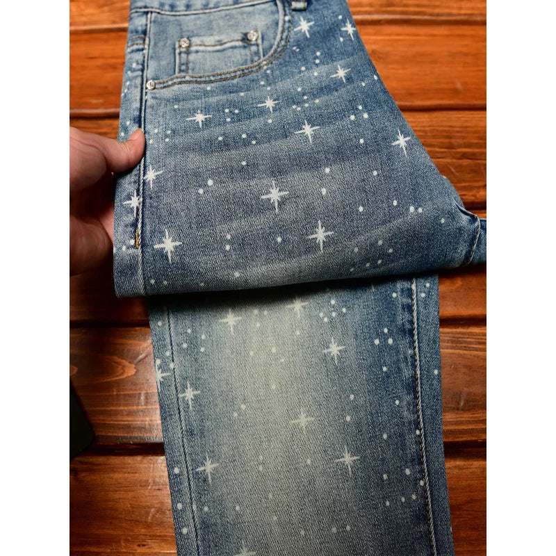 Flash printed light luxury jeans men with and small feet 2025 autumn men's clothing elastic casual pants