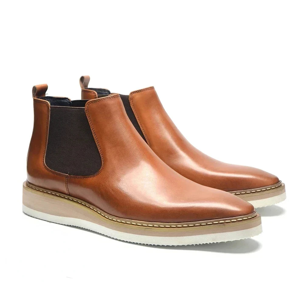 British Style Cow Genuine Leather Men's Chelsea Ankle Boots Slip-on Elastic Band High Top Sneakers Casual Dress Boot for Men