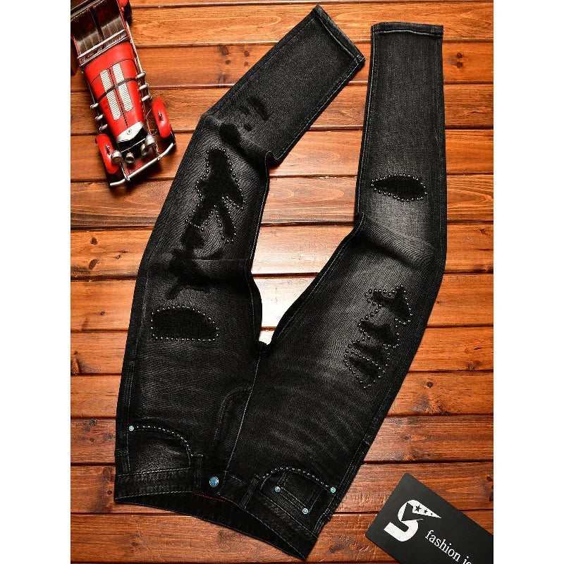 Street Designer Fashion Men Jeans High Quality Retro Black Stretch Slim Fit Hole Ripped Jeans Men Hip Hop Vintage Denim Pants