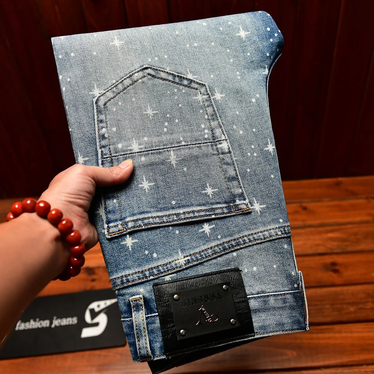 Flash printed light luxury jeans men with and small feet 2025 autumn men's clothing elastic casual pants