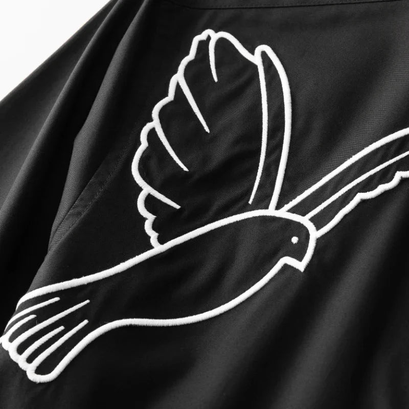 Minglu Pigeon Simple Embroidery Men's Shirts Luxury Cotton Long Sleeve Black White Four Seasons Slim Fit Party Man Shirts 4XL