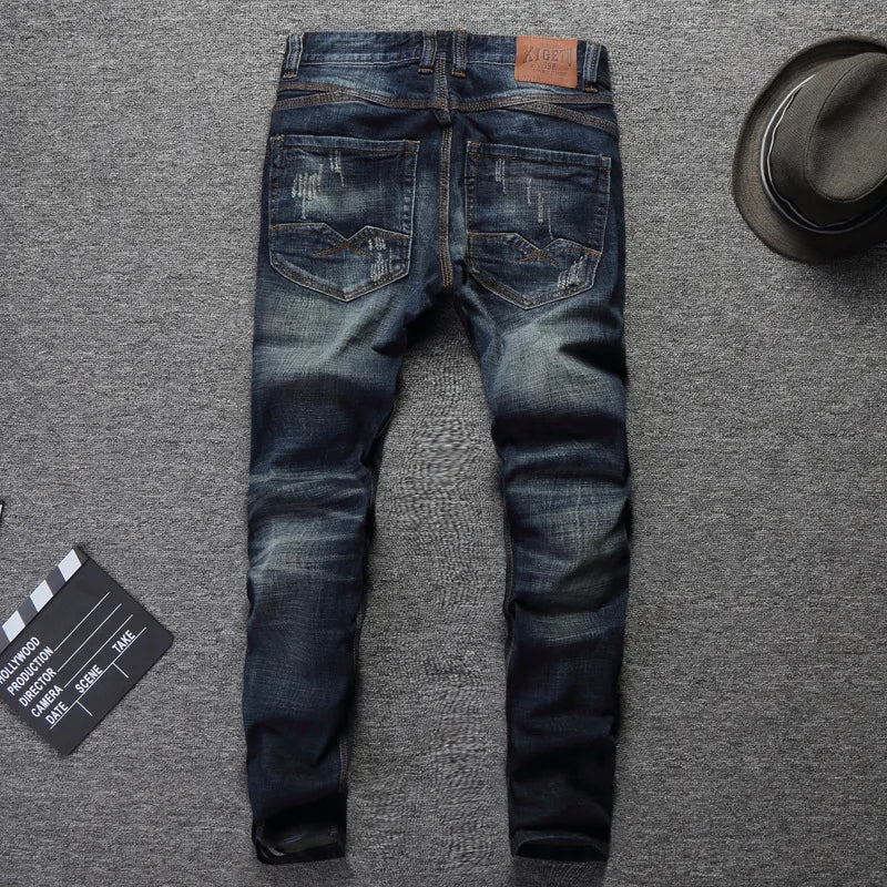 Fashion Designer Men Jeans Retro Green Blue Slim