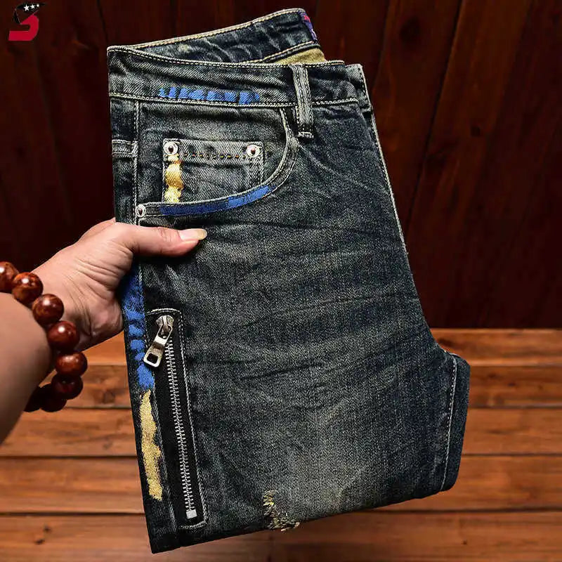 Vintage Patch Patch Fashion Casual Pants Light Jeans Men's High-end Stretch Made Old Washed Tapered Pants